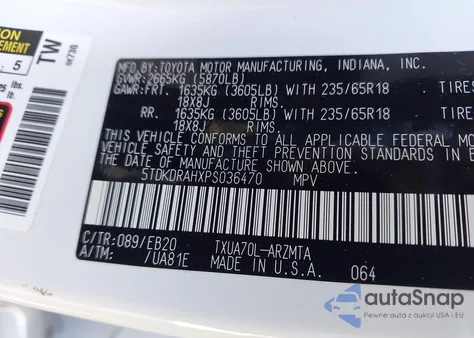 2023 Toyota Highlander Xle z USA, uszkodzony, nr VIN 5TDKDRAHXPS036470